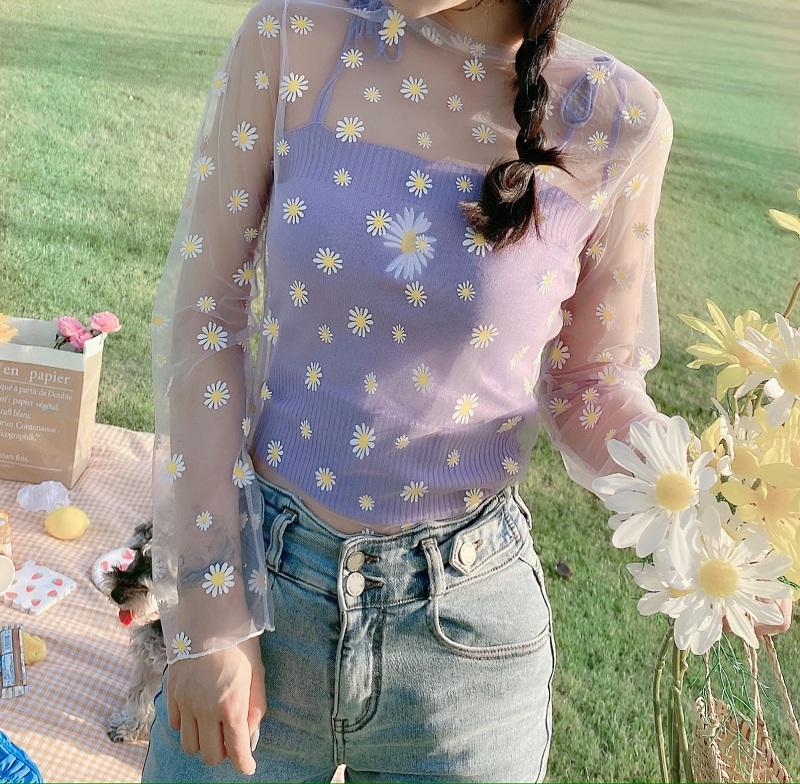 

Women Sexy Daisies Transparent Mesh Tee Shirts Blouses Girls Full Sleeve Tops Shirts Clothing For Ladies, Black camis