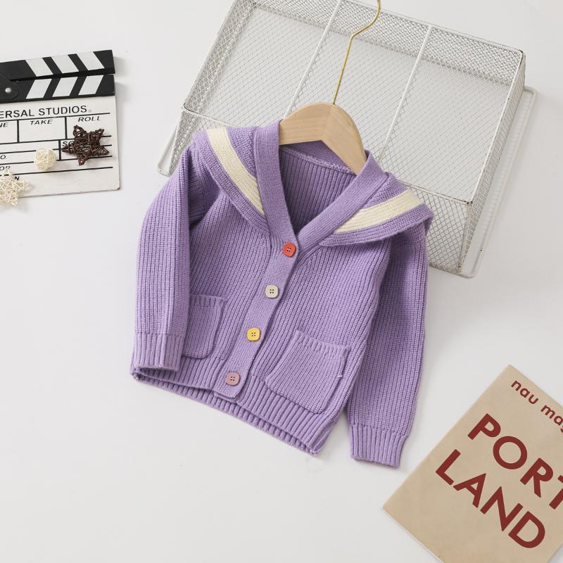

Girl'S Coat 2021 Autumn New Style CHILDREN'S Knit Cardigan College Style V-neck Contrast Color Sweater Coat, Purple