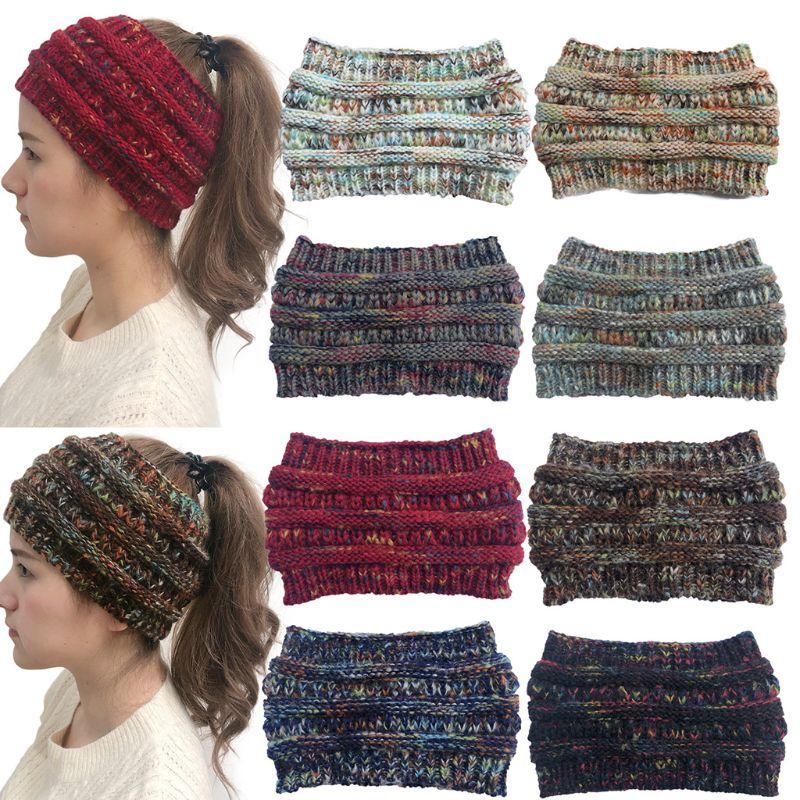 

Women Winter Chunky Knitted Beanie Ponytail Hat Colorful Crochet Ear Warmer Headband Empty Top Bun Stretchy Skull Cap