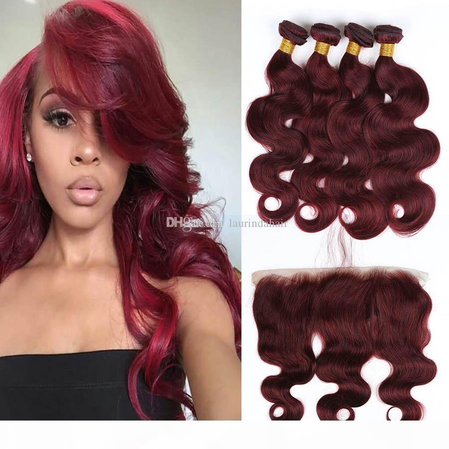 

Wine Red 99J body wave Hair Bundles with 13x4 Lace Frontal Closure Brazilian Burgundy Virgin Human Hair Weaves with Ear to Ear Lace Frontal