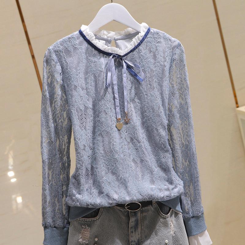 

Lace Women Blouse Autumn Ruffles Turtleneck Solid Loose Elegant Female Office Lady Pulls Outwear Tops, Blue