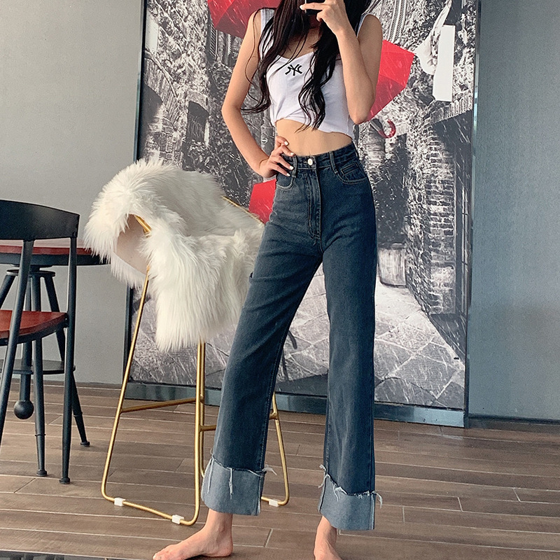 

2021 New Women' brim fall straight high waist casual all-match flanging roll Daddy pants 3PW0, Black.