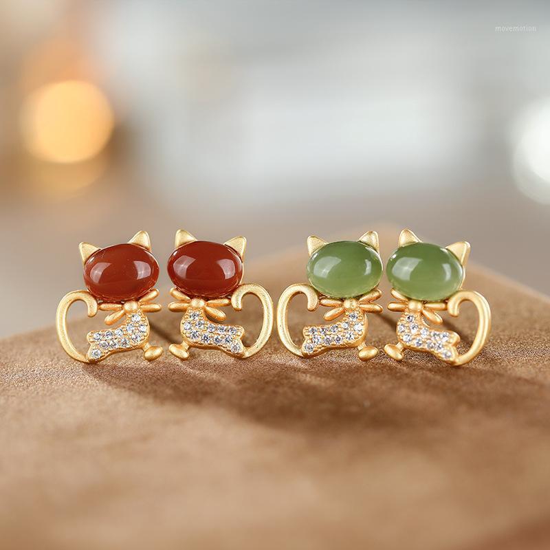 

LATS Real 925 Sterling Silver Gold Plated Red Agate White/green Jade Stud Earrings Cute Cat Earrings for Women Fine Jewelry1