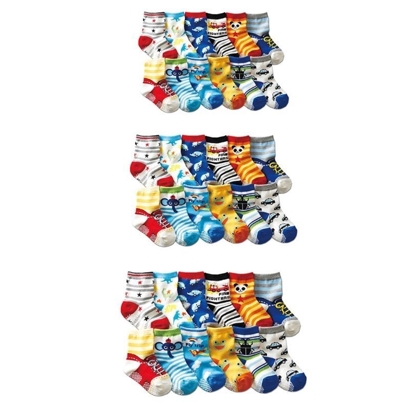 

12 Pairs/ Pack Kids Socks Assorted Non-Skid Ankle Cotton Pattern Socks with Grip LJ201019, Multi