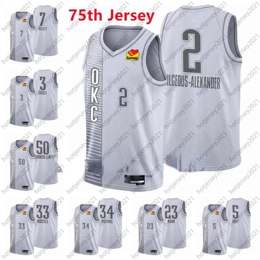 

2021-22 75th Anniversary Diamond Printed Mens Basketball Shai Gilgeous-Alexander 2 Josh Giddey 3 Jeremiah Robinson-Earl 50 Muscala Gray Jersey