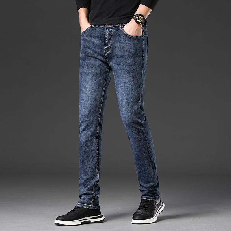 

Spring New Slim Trousers Men's Plus Size Business Stretch Jeans Men's Simple Solid Color Denim Casual Pants, Drak blue