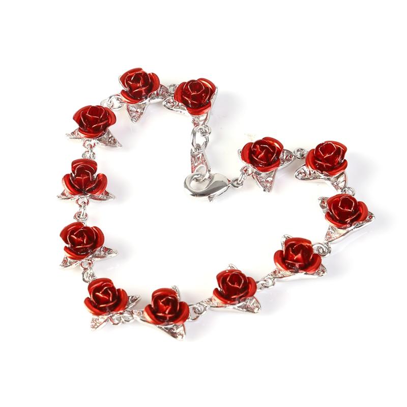 

Jewelry Forever Love Rose Flower Leaves Resizable Finger Rings Open Bracelet Ring Bracelet for Women Valentine's Day Gift
