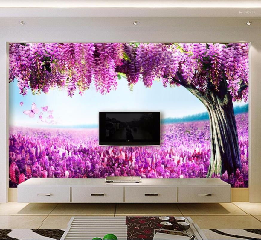 

CJSIR Custom Photo Wallpaper Mural Wall Sticker Modern Fashion Romantic Lavender Wisteria TV Background Wall Papel De Parede1, As the pictures