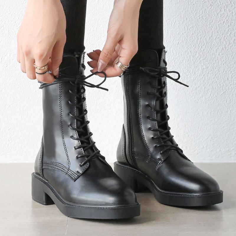 

Winter Boots Ladies Boots Cross-Tied&Zipper Motorcycle Botas Women Thick Sole Bottes Square Heels High Top Botines1, Black without plush