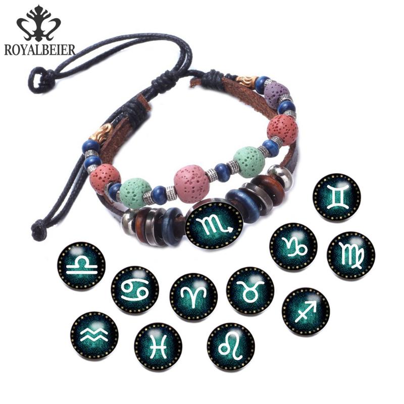 

RoyalBeier Colorful Stone Beaded Bracelets Twelve Constellation 18mm Snap Buttons Adjustable Bangles For Women & Men Jewelry