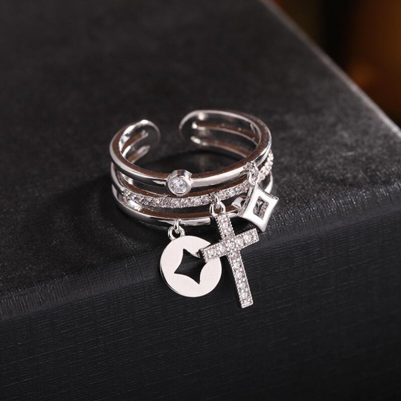 

2021 New style Korean brand luxury micro inlaid zircon cross open ring jewelry temperament women high-end shiny zircon 18k gold plated ring