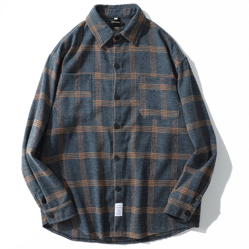 

2020 Men's Flannel Long Sleeve Vintage Stripe Plaid Printed Autumn Spring Streetwear Cotton Shirts Ncic, Blue