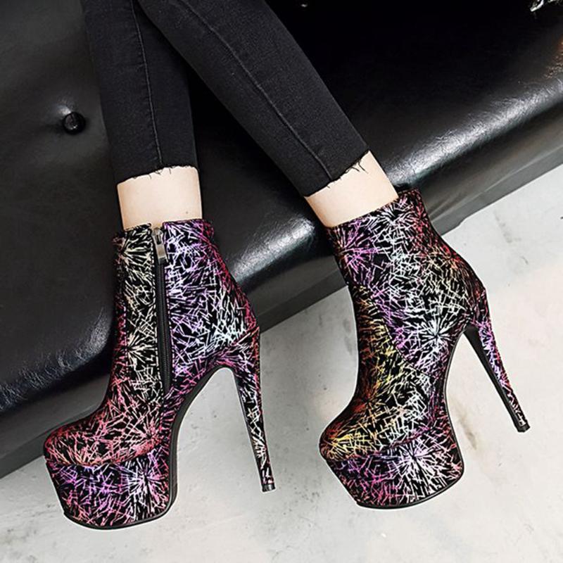 

Brand New Big Size 48 Sexy Platform Printed Fetish High Heels Party Ankle Boots Stylish Winter Shoes Boots Women, Black