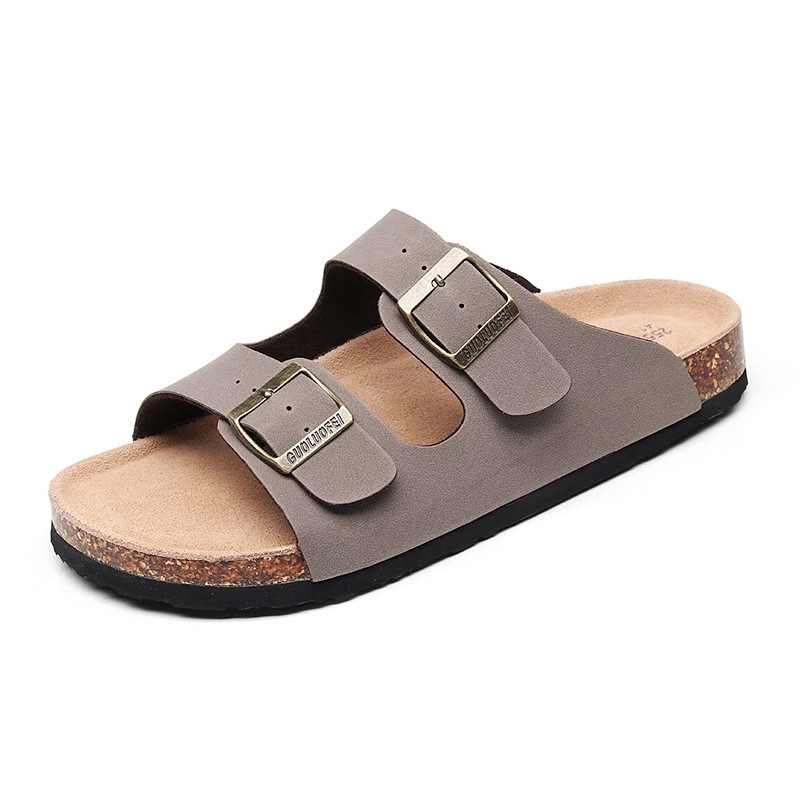 

New Men's Leather Mule Clogs Slippers High Quality Soft Cork Two Buckle Slides Footwear For Men Women Unisex 35-46 T200411, Beige