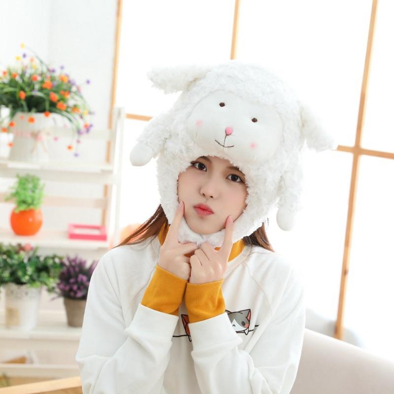 

Cartoon White Sheep Plush Hat Animal Ears Fuzzy Stuffed Toy Headgear Warm Cap J78E
