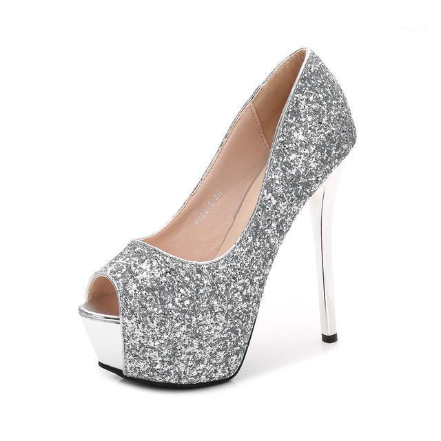

2021 fashion sequins women's single shoes sexy nightclub fish mouth 14 cm high heels super high shallow mouth women's shoes1, Silver 12 cm