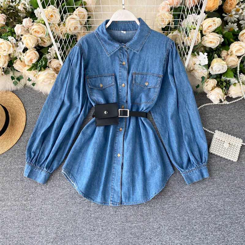 

2021 New New long-sleeved denim jacket women's temperament waist mid-length versatile shirt top trend XIRV, Dark blue