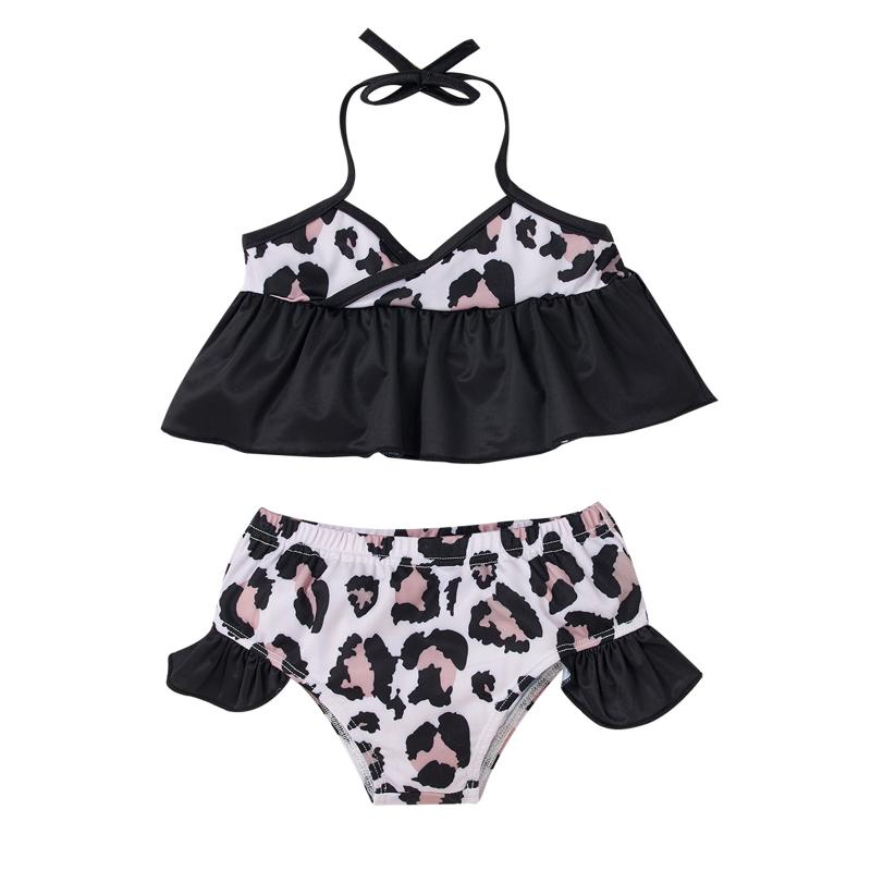 

One-Pieces 2-7 Years Baby Girls Bikini Set Swimwear Leopard Print Strappy Ruffled Swimming Two-piece Swimsuit Beach Costume Bathing, Black