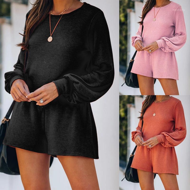 

2020 Casual O Neck Long Sleeve Loose Shirt Top Women Set Tether Shorts Knit Casual Summer Loose Two Piece Sets Solid Outfit1, Pink