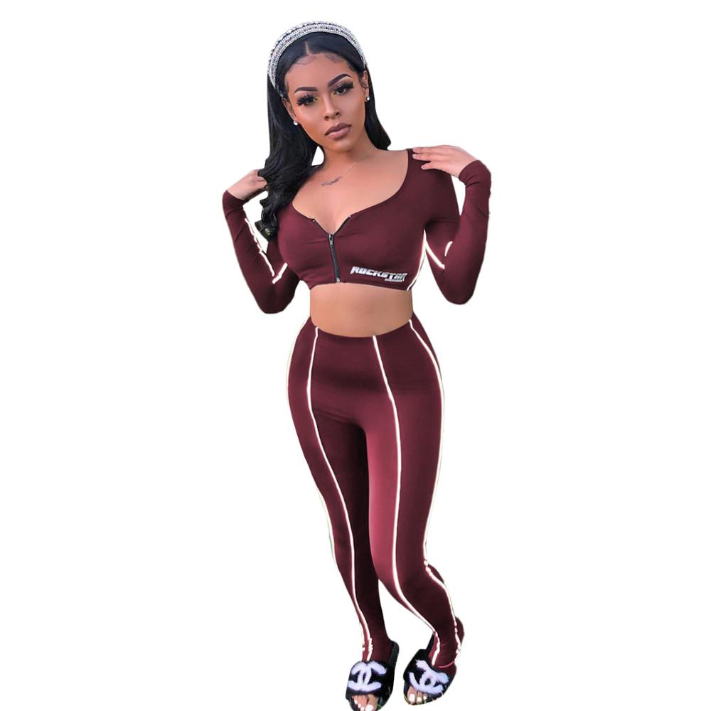 

Autumn Letter Print Sports Two Piece Set Reflective Striped Long Sleeve Crop Top Pencil Pants Tracksuit Gym Fitness Running Set, Black set