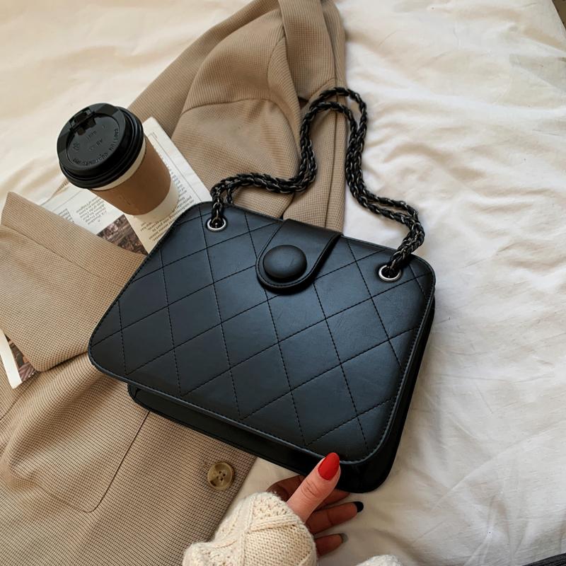 

Fashion simple chain bag ladies shoulder bag retro solid color PU messenger luxury designer brand female, Black