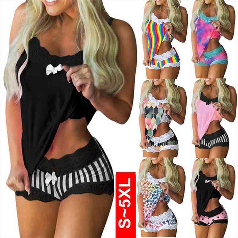 

Sexy Sleepwear Set Women Lingerie Set Lace Underwear Cami Vest Shorts Plus Size Sleeveless Camisole Shorts 5xl Nighties Pajamas, Black;red