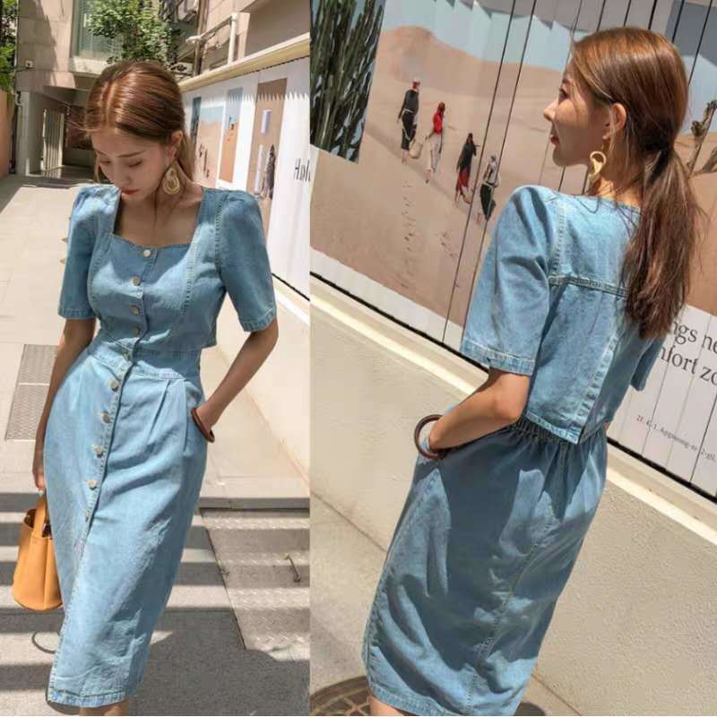 

2021 New Vintage High Elastic Waist Women Denim Summer Hollow Out Sexy Backless Single-breasted Long Fashion D8fy, The picture color