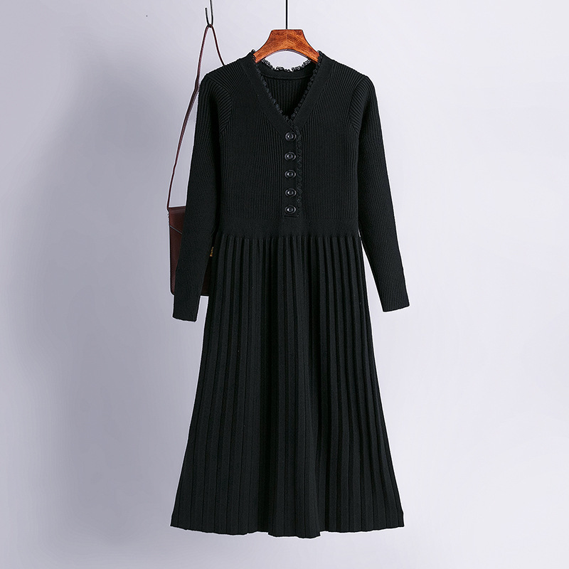 

2021 New Knit Women Sweater Maxi Winter Warm Chic Long Sleeve Pleated Dress Draswtring a Line v Neck Midi Dresses 9drt, Burgundy