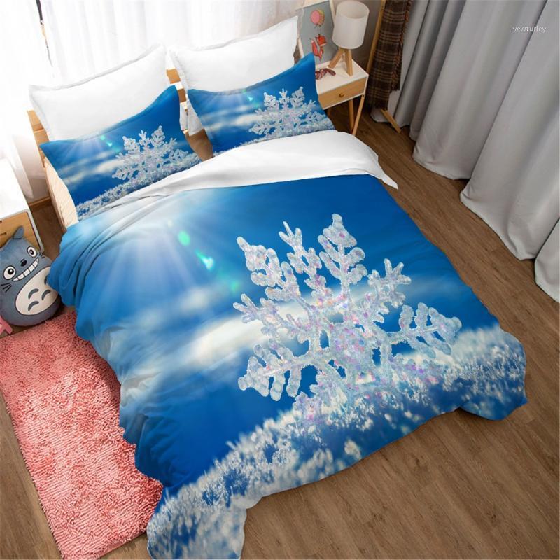 

White Snowflake Bedding Winter Christmas Gift Luxury Quilt Cover Blue Ice Print Microfiber Duvet Cover 2/3 Piece Bed Set1, Color-1