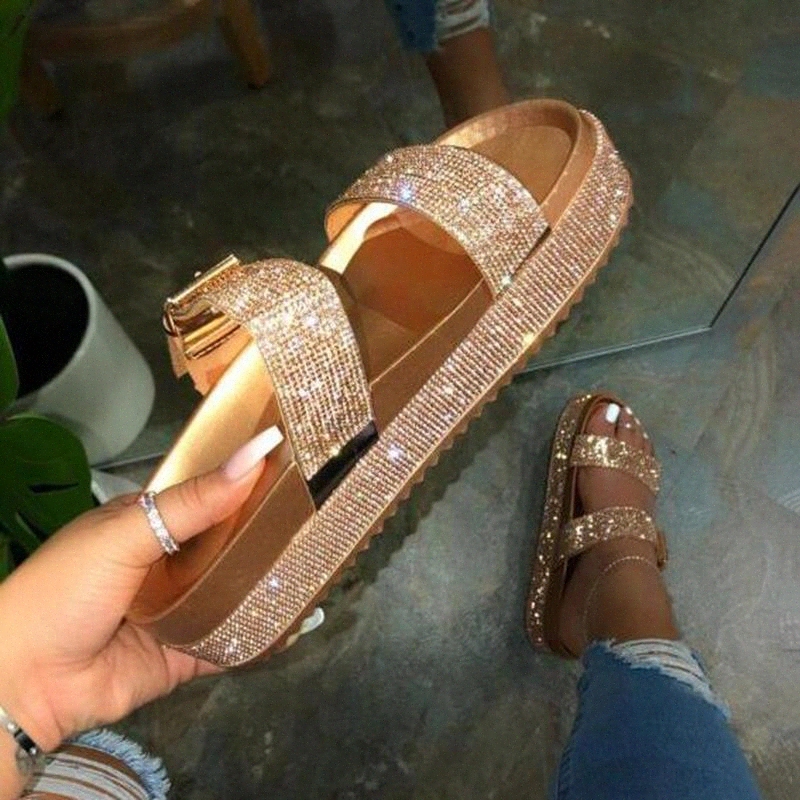 

Rimocy Gold Silver Shiny Crystal Platform Slippers Women Plus Size 43 Buckle Beach Slides Ladies Summer 2020 Flat Heel Sandals #iy0H, Black