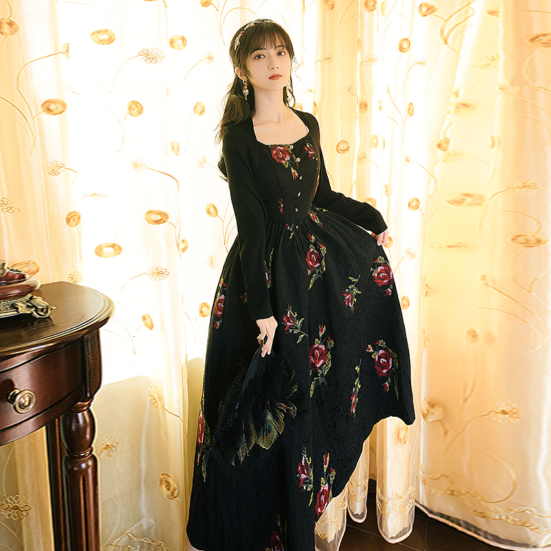 

2021 Sleeve Full Party Night Floral Embroidered Black Long Female Ankle-length Dress Vintage Jacquard Fxnr, Blue