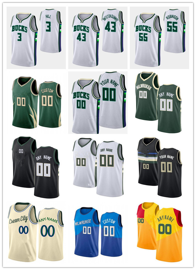 

Custom Men Women Youth Milwaukee's Bucks's 3 George Hill 43 Thanasis Antetokounmpo 55 Justin Robinson 54 Sandro Mamukelashvili 15 DeMarcus Cousins Basketball Jersey, Color