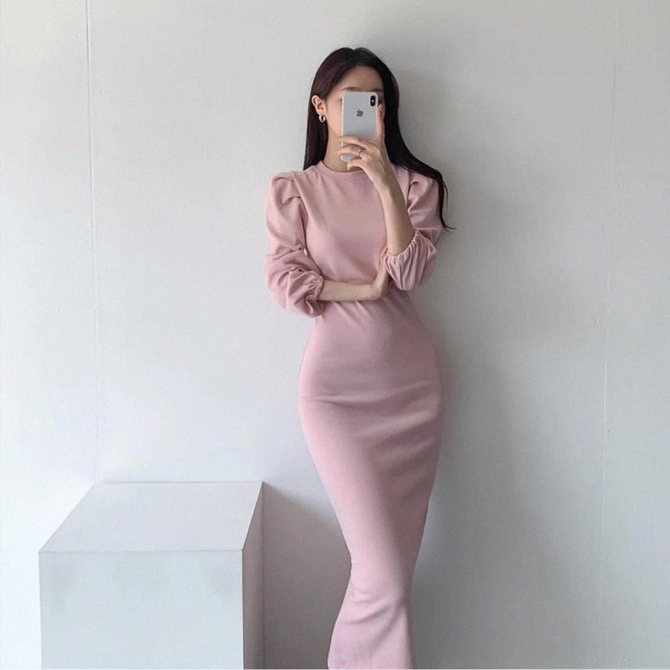 

JXMYY 2020 new chic minimalist fashion temperament round neck waist slim slimming long sleeves back split hip dress female #HG6e, Black;gray