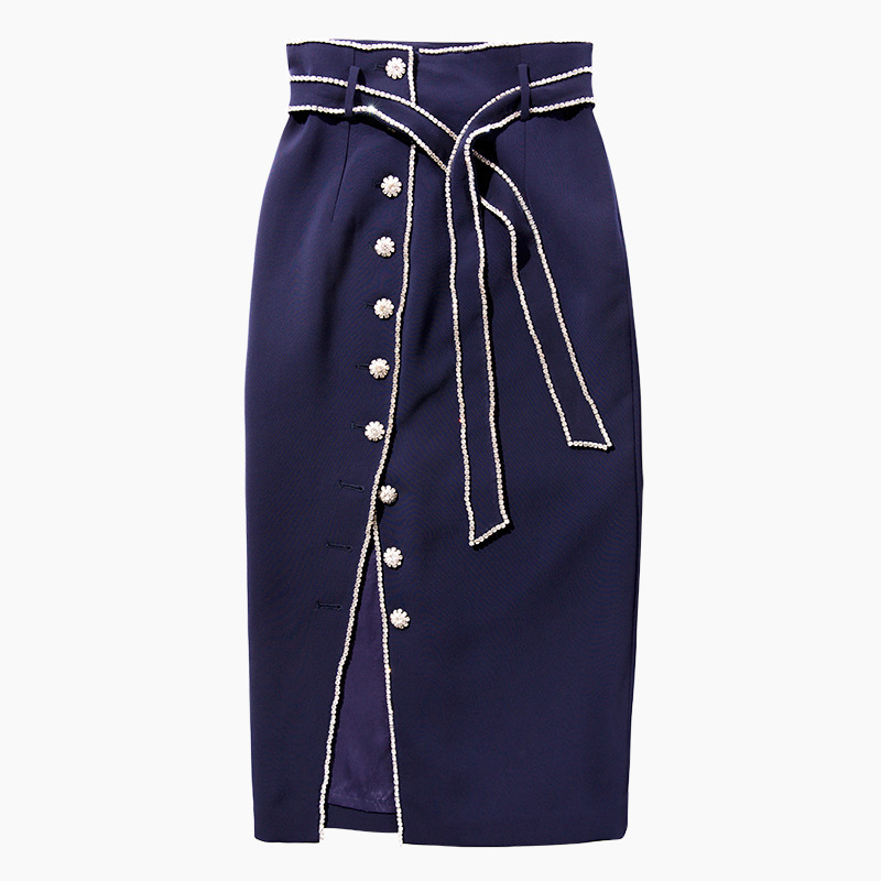 

2020 New Heavy Chain Wrap Type Button Split Female P921 High Waist with Long Skirts L3qx, Blue.