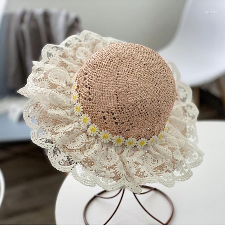 

Fashion Kids Baby Summer Straw Lace Sunflowers Hat Children Princess Bucket Beach Sun Protection Hat Casual Outdoor Caps1, Khaki