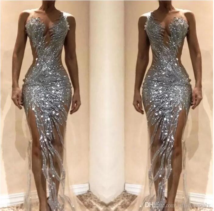 

Sparkly Silver Mermaid Prom Dresses 2022 Sexy See Through Sequins Bodice Split Long Women Occasion Evening Gowns Custom Made BC0621, Black