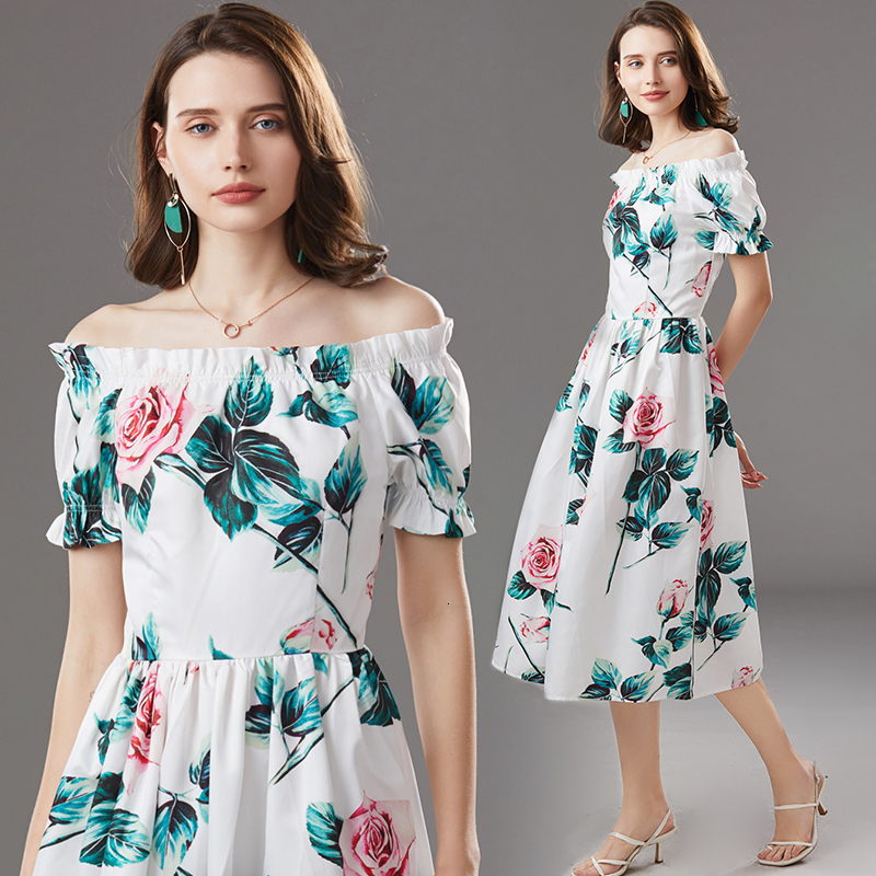 

2021 New Rose Flower Summer Women's Bow Spaghetti Strap Print Elastic Waist Runway Cotton Es Ladies Midi 6fbs, As picture