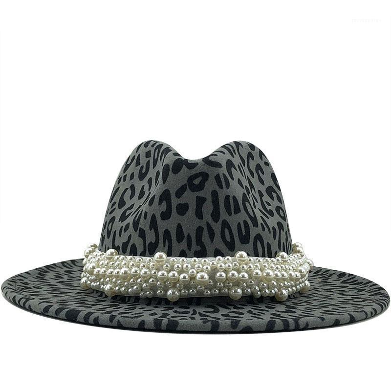 

2020 New Women Men Leopard Print Wool Fedora Hat With pearl Elegant Lady Winter Autumn Wide Brim Jazz Cap 58cm1