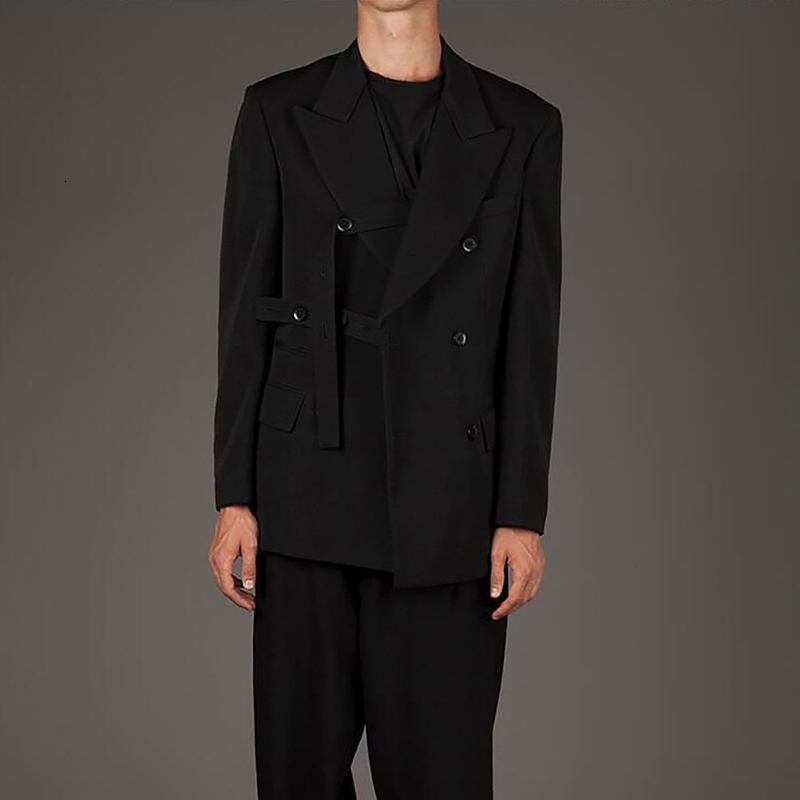 

2021 New S-7xl. Male Blazer Double-breasted Suit with Loose Suspenders ZTK6, Black