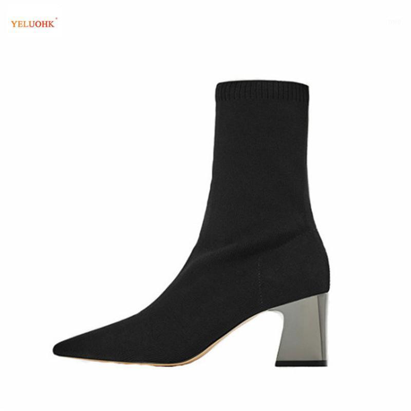 

Women's Ankle Boots Pointed Toes Slip On Stretch Fabric Spring Autumn Square Heel Ladies Shoes Black 34-40 Large Size1