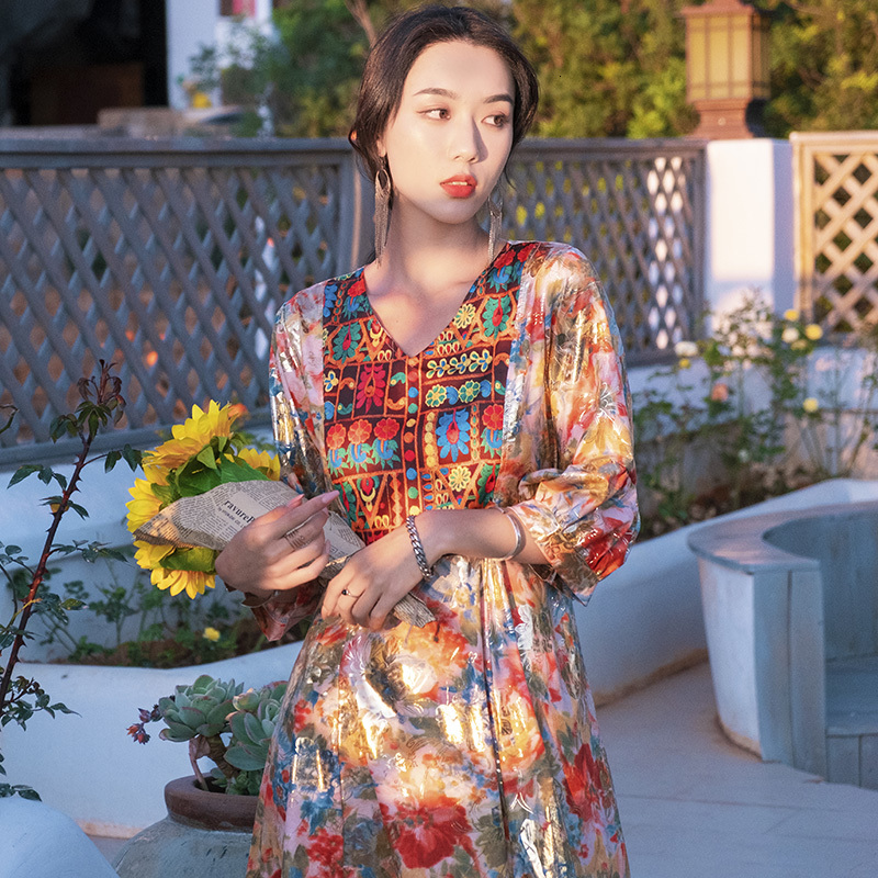 

V-neck Adjustment and Vintage Indie Red Folk Enlargement 2021 Summer Chiffon Impression Long Female Ankle-length Dress N4in, Blue