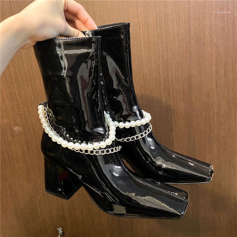 

2020 New Chain Decor Square Toe Women Ankle Boots Patent Leather Strange Heel Short Booties Chunky High Heel Botas Mujer1, Black