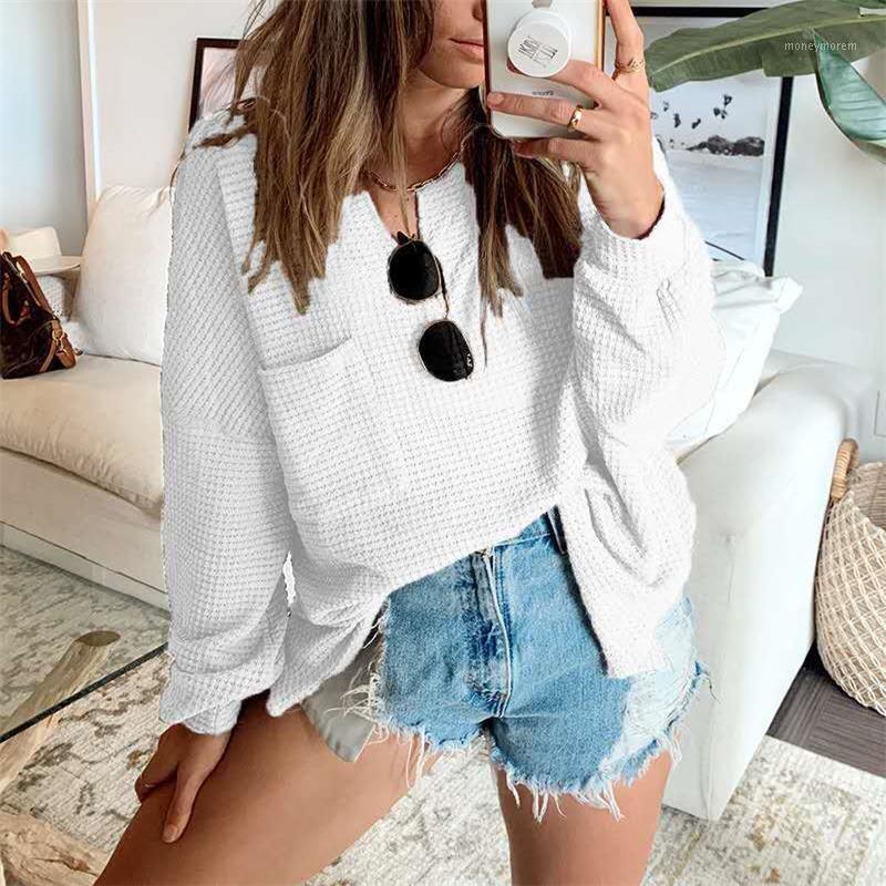 

Xingqing Sweaters Women Solid Color Sweater Autumn and Winter Adults Loose Long Sleeve V-neck Pullover with Pocket Sweaters1, As photo shows