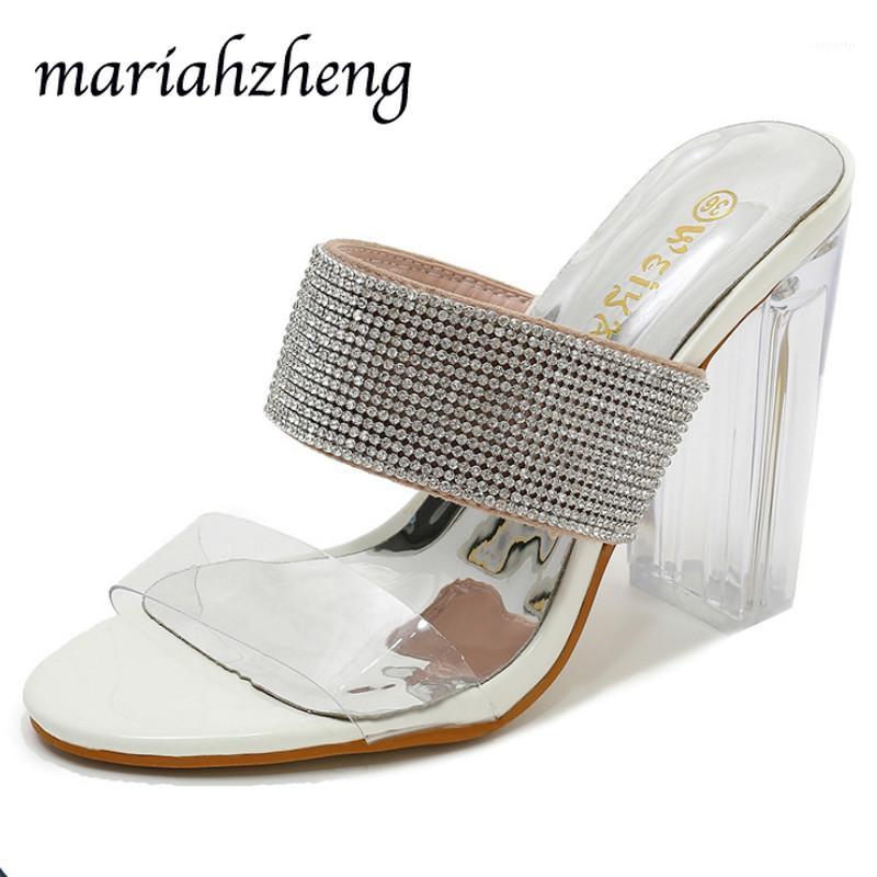 

Meriahzheng 10CM Summer Fashion Rhinestone Chunky Heel Sandals Transparent Crystal Heel Open Toe High Sandals Women TWS1, White