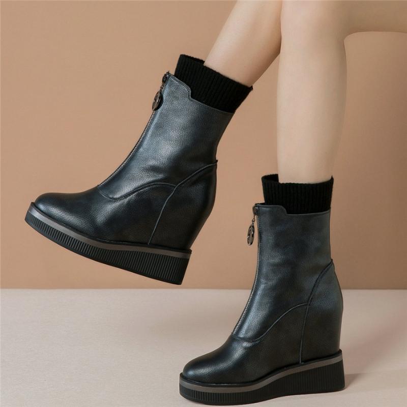 

Fashion Sneakers Women Genuine Leather Wedges High Heel Ankle Boots Female High Top Round Toe Platform Pumps Shoes Casual Shoes, Black