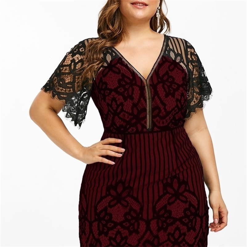 

Wipalo Plus Size Lace Plunge Mini Fitted Dress Bodycon Summer Short Sleeves V-Neck High Waist Stripe Women Party Dress Vestidos Y200418, Black