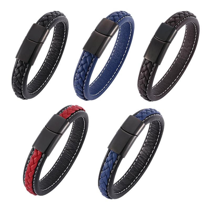 

Charm Bracelets Punk Jewelry Men Black Braided Leather Bracelet Man Magnetic Clasp Fashion Bangles Wristband Gift BB0019