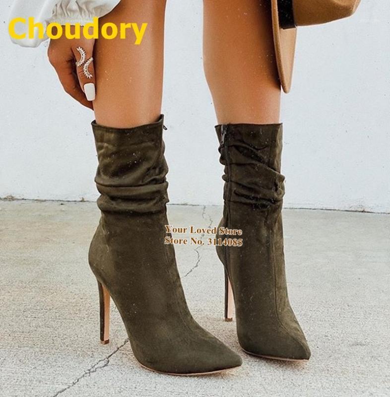 

Choudory Ladies Green Suede Ankle Boots Stiletto Heels Pointed Toe Folded Dress Boots Elegant Pleated Zipped Booties1, Brown