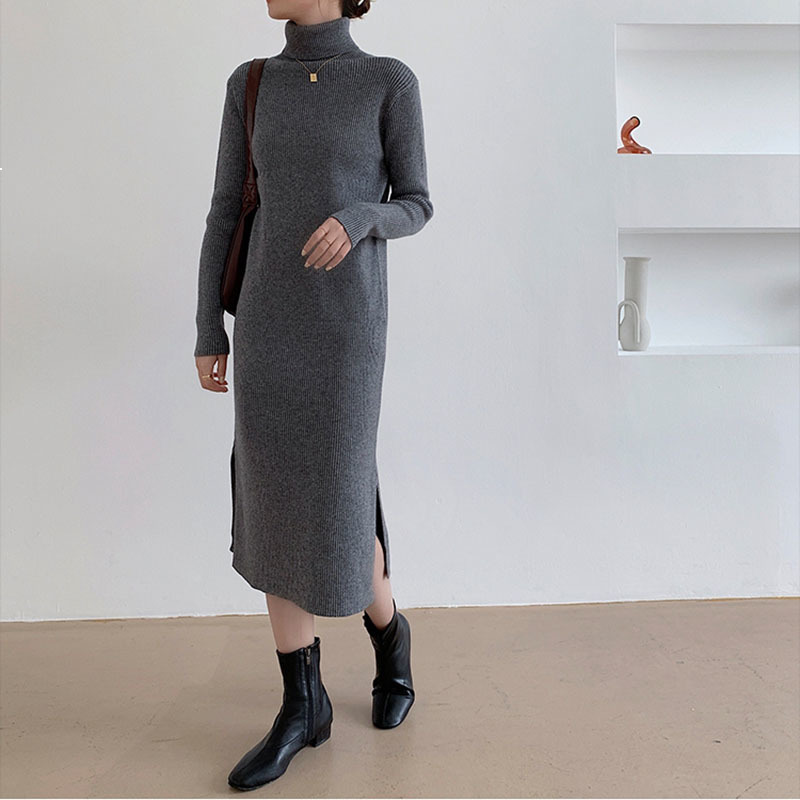

2021 New Dressed in Women' Turtleneck Autumn/winter New Slit Long Inner Straight Colour Pure Mesh High Waist Dress 1m Oo6y, Flower card.