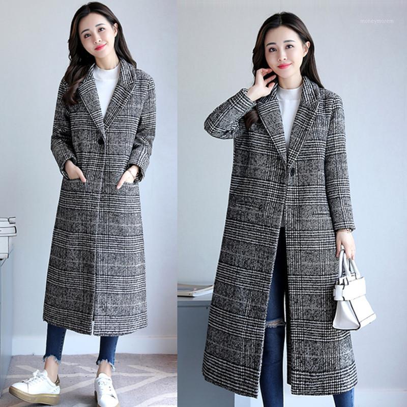 

New Autumn Winter Women Coat Plus Size Fashion Turn-Down Collar Slim MD-Long Style Plaid Woolen Blends Coat For Women Outerwear1